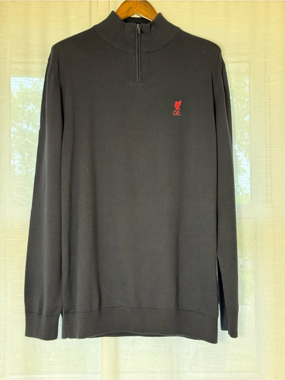 Liverpool Men's Navy Quarter-Zip Knit Sweater with Red Crest — XL